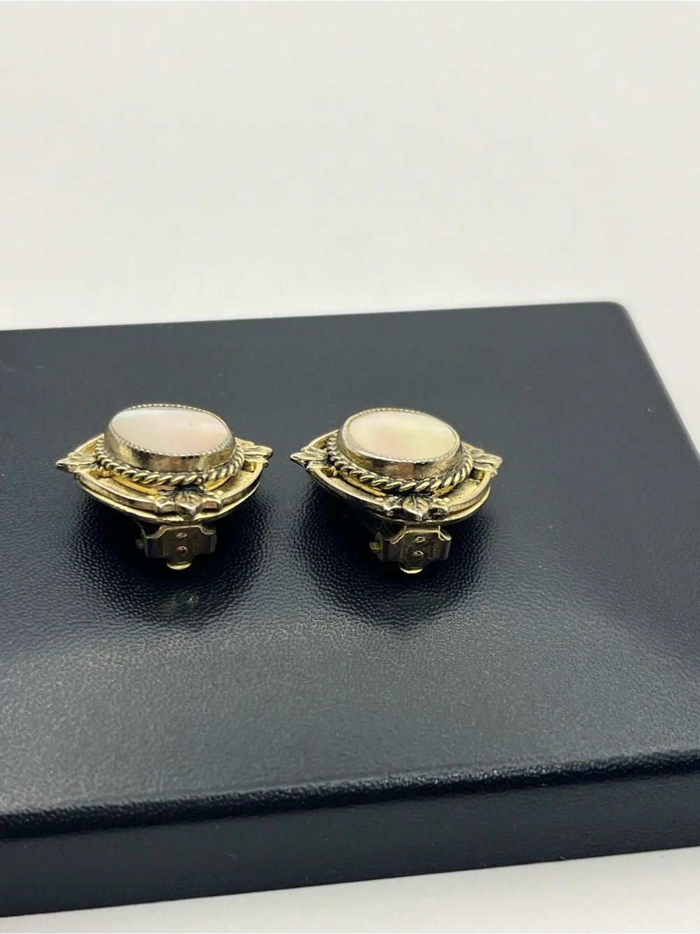 Whiting & Davis 1950’s Victorian Revival Gold tone mother of pearl clip earrings